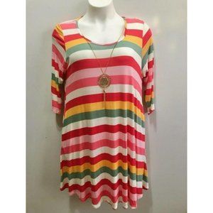 Tunic Swing colorful striped plus size dress with necklace 3/4 sleeve 2X